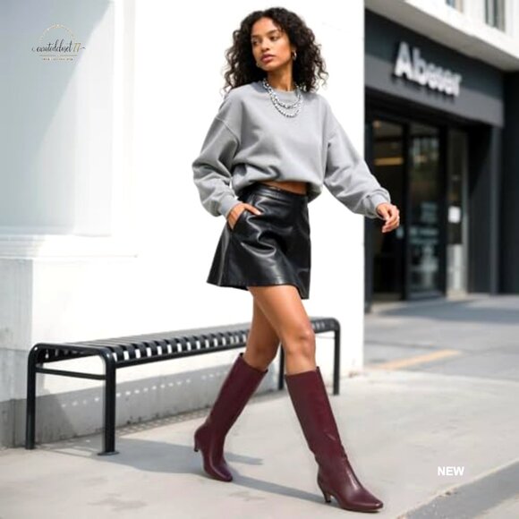 Kitten Heel Knee High Boots Square Toe PU Leather Womens Fashion - Picture 3 of 7